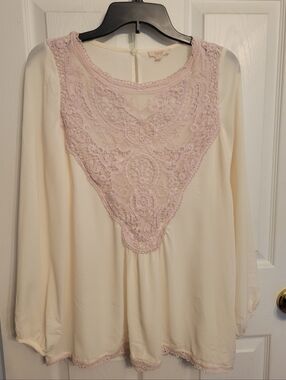 Light Pink Lace Yoke Cream Blouse - Women Tops by ODDI